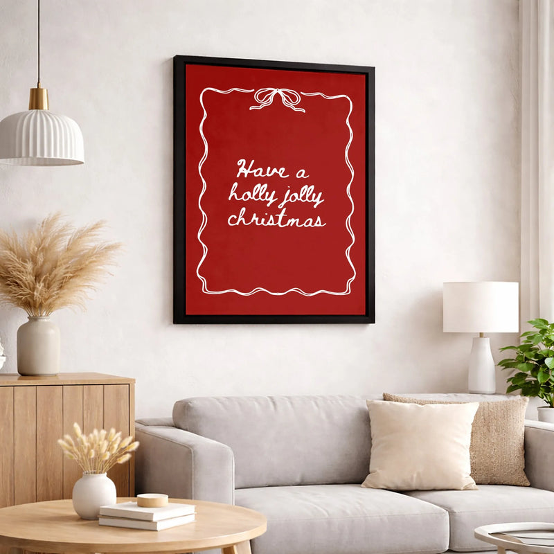 Red Cursive Holiday Canvas, Holly Jolly Christmas Canvas Print, Festive Quote Wall Art Canvas, Xmas Living Room Decor, Holiday Season Present