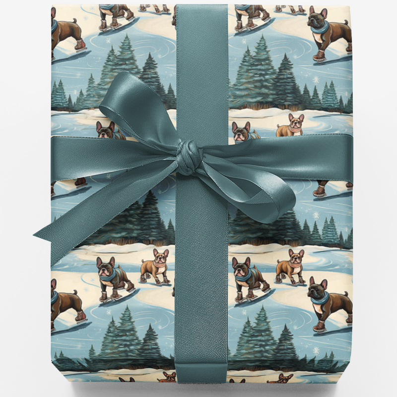Adorable Winter Dog Gift Wrap, French Bulldog Ice Skating Wrapping Paper, Frenchie Holiday Wrapping Paper, Christmas Dog Lover Gift Wrap Roll