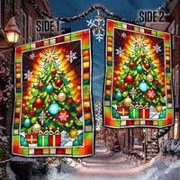 Festive Holiday Yard Flag, Stained Glass Christmas Tree Garden Flag, Double Sided Winter Lawn Flag, Seasonal Outdoor Decor