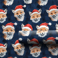 Woodland Animal Christmas Gift Wrap, Fox in Santa Hat Wrapping Paper, Navy Blue Holiday Present Paper