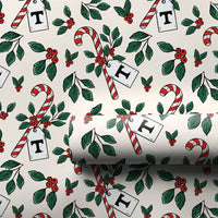 Candy Cane Holly Gift Wrapping Paper, Letter T Monogram Wrapping Paper, Personalized Initial T Christmas Gift Wrap, Holiday Gift Wrap Roll