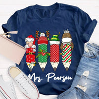 Custom Name Holiday School Graphic Tee, Personalized Christmas Pencils T-Shirt, Teacher and Student Festive Xmas Shirt