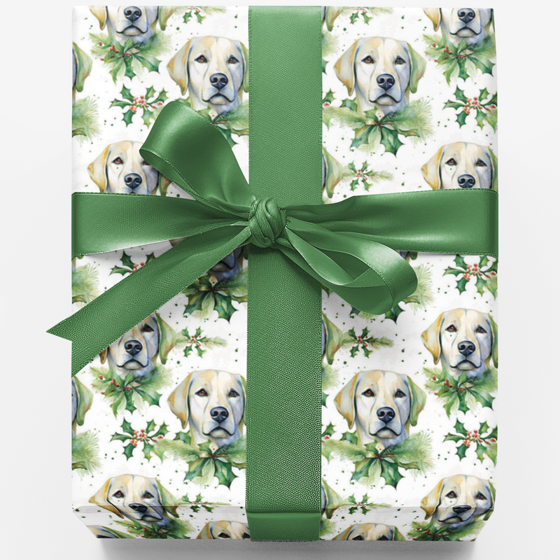 Watercolor Dog Wrapping Paper, Labrador Retriever Christmas Wrapping Paper, Puppy Holly Wreath Gift Wrap, Holiday Dog Lover Present Paper