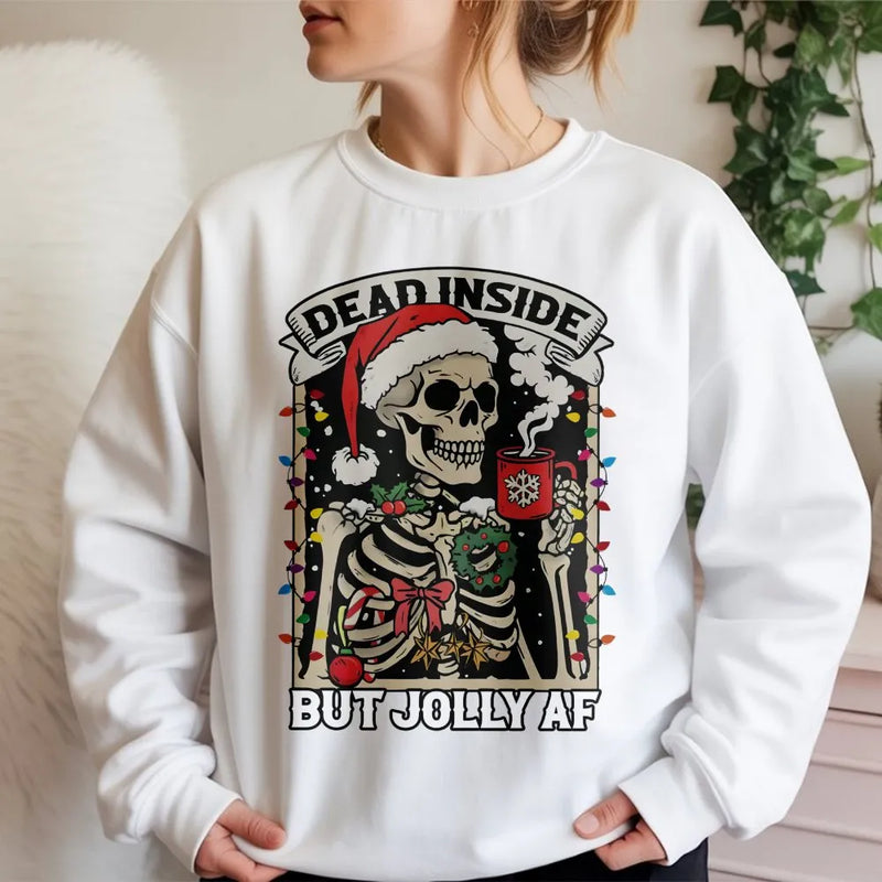 Humorous Skeleton Christmas Coffee Crewneck, Dead Inside but Jolly AF Sweatshirt, Sarcastic Holiday Pullover, Spooky Season Xmas Sweater