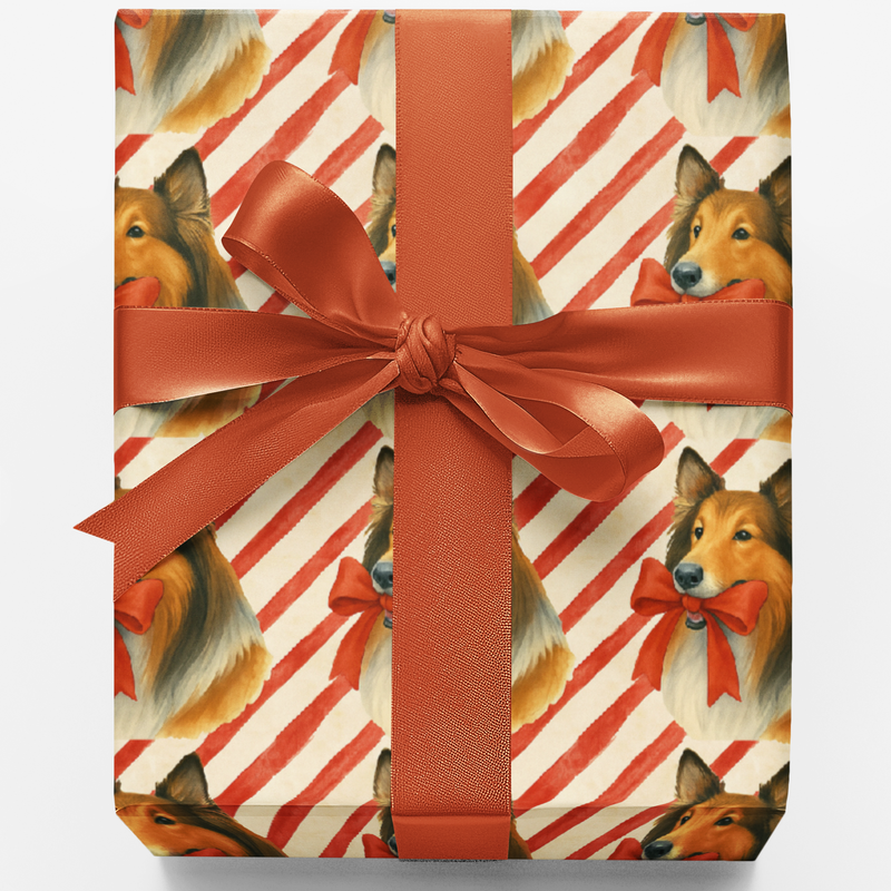 Candy Cane Puppy Gift Wrap, Collie Dog Christmas Wrapping Paper, Holiday Striped Dog Wrapping Paper, Festive Winter Gift Wrap