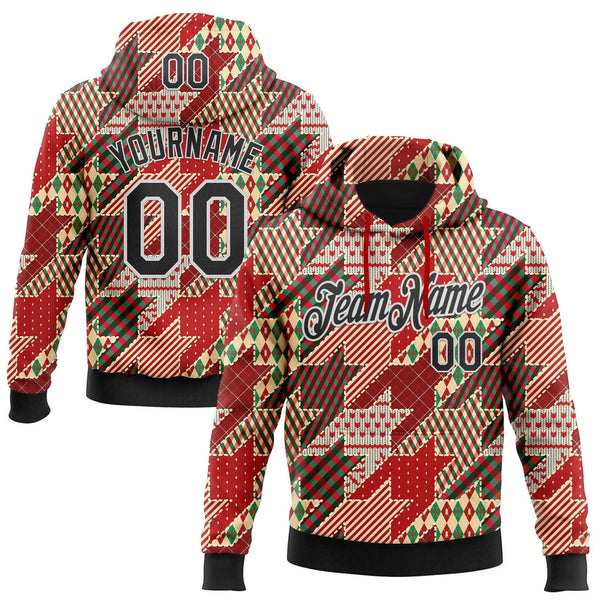 Personalized Name Number Holiday Hoodie, Custom Christmas Houndstooth Hoodie, Plaid Pattern Pullover Hoodie, Sports Fan Sweat