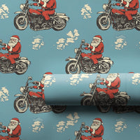Vintage Motorcycle Gift Wrap, Light Blue Biker Santa Wrapping Paper, Blue Motorcycle Christmas Wrapping Paper, Biker Holiday Gift Wrap