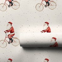 Whimsical Christmas Gift Wrap, Watercolor Santa on Bicycle Wrapping Paper, Retro Holiday Santa Wrapping Paper, Adorable Festive Gift Wrap Roll