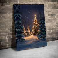 Glowing Winter Trees Canvas Print, Snowy Christmas Forest Canvas Wall Art, Comfy Holiday Night Canvas Decor