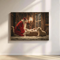 Christian Nativity Scene Printable Wall Art, Santa Kneeling Before Baby Jesus Digital Download, Christmas Holiday Home Decor