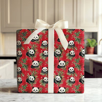 Holly and Berry Gift Wrap, Christmas Panda Bear Wrapping Paper, Red Holiday Wrapping Paper, Adorable Animal Lover Festive Gift Wrap Roll