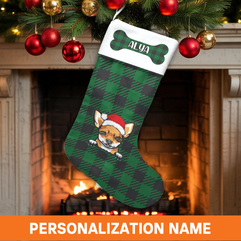 Personalized Dog Christmas Stocking, Chihuahua Christmas Stocking, Green Buffalo Plaid Pet Stocking, Custom Puppy Holiday Decor Present