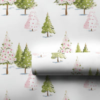 Pink Green Trees Holiday Wrapping Paper, Watercolor Christmas Tree Wrapping Paper, Festive Xmas Wrapping Paper Roll, Modern Winter Gift Wrap