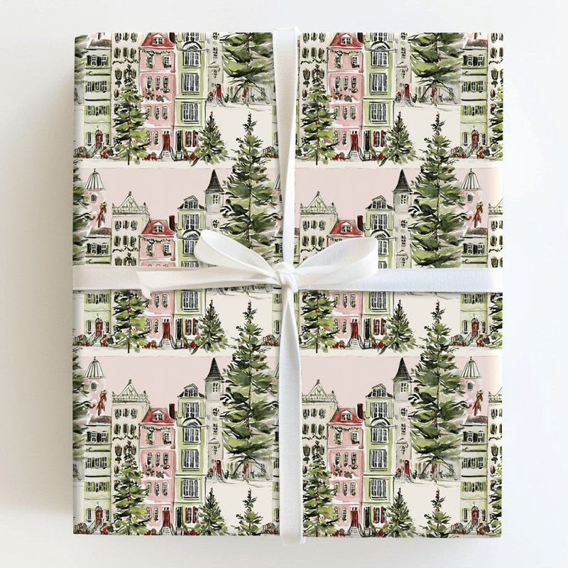 Snowy Houses Gift Wrap, Watercolor Pink Christmas Village Wrapping Paper, Pastel Holiday Wrapping Paper Roll, Adorable Winter Present Wrap