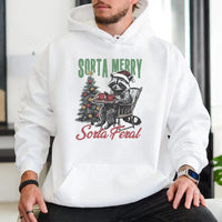 Humorous Christmas Raccoon Hooded Sweatshirt, Sorta Merry Sorta Feral Raccoon Hoodie, Adorable Xmas Animal Pullover, Wildlife Lover Raccoon Hoodie