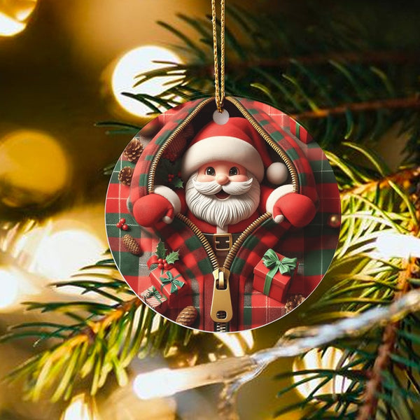 Red Plaid Zipper Ornament, Santa Claus Christmas Ornament, Rustic Holiday Ceramic Ornament, Festive Tree Decor, Winter Keepsa