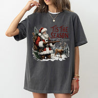 Humorous Deer Hunter Christmas T-Shirt, Tis the Season Santa Hunting Shirt, Retro Xmas Hunting Tee, Outdoorsman Holiday Graphic Shirt