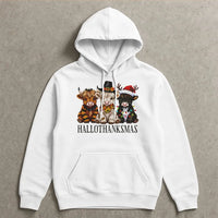 Adorable Highland Cow Sweatshirt, Highland Cow Hallothanksmas Hoodie, Fall Thanksgiving Christmas Hoodie, Humorous Farm Animal Hooded Pullover