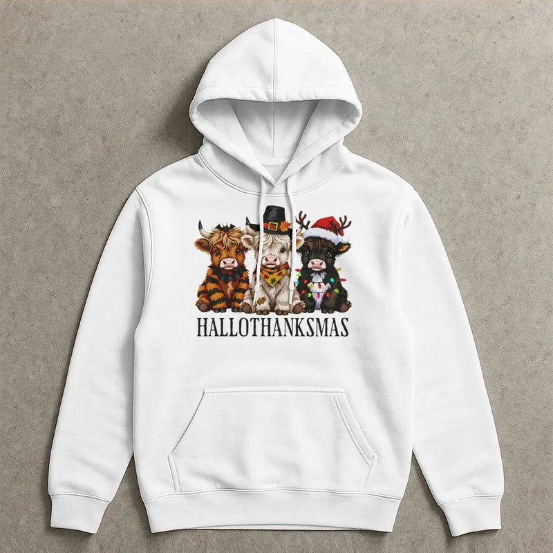 Adorable Highland Cow Sweatshirt, Highland Cow Hallothanksmas Hoodie, Fall Thanksgiving Christmas Hoodie, Humorous Farm Animal Hooded Pullover