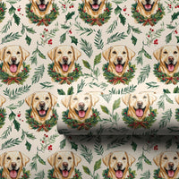 Christmas Wreath Dog Gift Wrap, Yellow Labrador Wrapping Paper, Holiday Holly Dog Wrapping Paper, Festive Pet Lover Gift Wrapping Paper