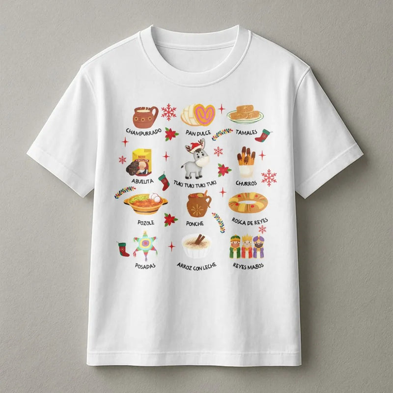 Feliz Navidad Tamales and Traditions Graphic Tee, Mexican Christmas T-Shirt, Festive Latino Holiday Shirt, Hispanic Christmas Apparel