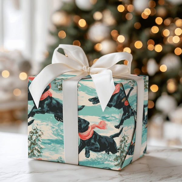 Snowy Christmas Dog Gift Wrap, Black Labrador Wrapping Paper, Winter Landscape Wrapping Paper, Holiday Dog Lover Gift Wrappin