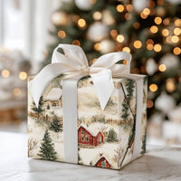 Rustic Winter Village Gift Wrap, Snowy Red Cabin Christmas Wrapping Paper, Vintage Cottage Wrapping Paper, Holiday Present Gift Wrap Roll