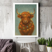 Festive Farmhouse Holiday Canvas Print, Highland Cow Christmas Canvas Wall Art, Comfy Rustic Winter Canvas Art, Seasonal Home Decor Present