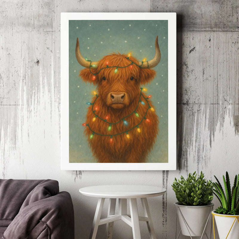 Festive Farmhouse Holiday Canvas Print, Highland Cow Christmas Canvas Wall Art, Comfy Rustic Winter Canvas Art, Seasonal Home Decor Present
