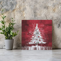 Festive Holiday Pine Ornament Canvas Print, Snowy White Christmas Tree Crimson Red Canvas Art, Winter Forest Canvas Wall Art, Seasonal Decor