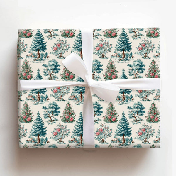 Vintage Scenic Evergreen Gift Wrap, Christmas Toile Wrapping Paper, Cabin Winter Tree Wrapping Paper, Holiday Elegant Present