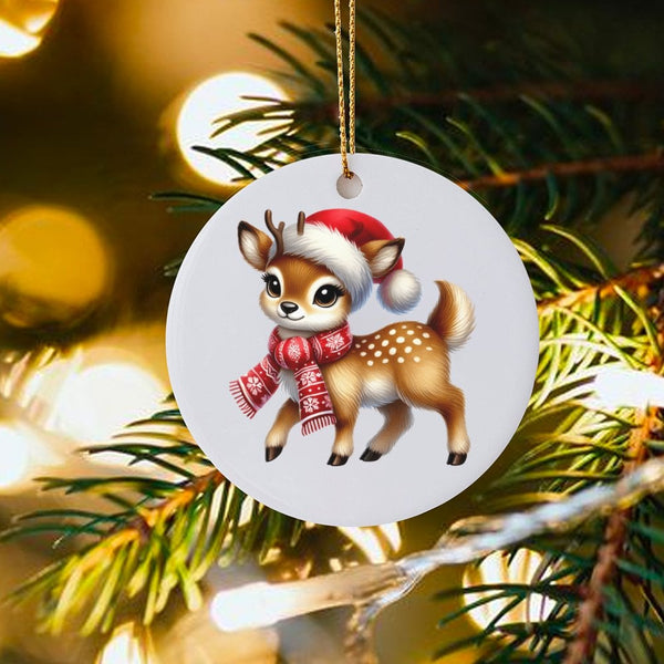 Santa Hat Scarf Woodland Ceramic Ornament, Baby Deer Reindeer Christmas Ornament, Adorable Fawn Tree Keepsake Ornament, Holid