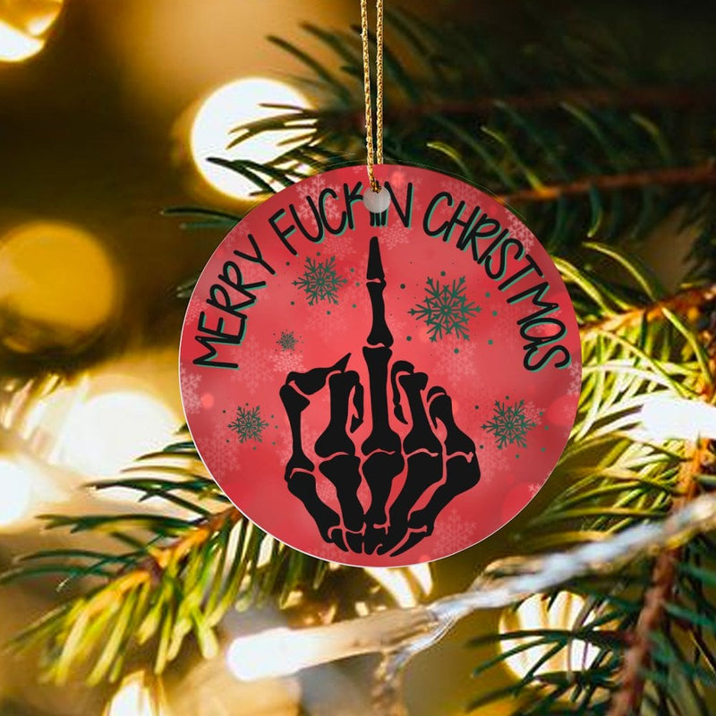 Humorous Rude Skeleton Ornament, Merry Fuckn Christmas Ornament, Middle Finger Holiday Ornament, Edgy Humorous Ceramic Xmas Tree Ornament
