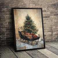 Festive Tree and Presents Canvas, Vintage Christmas Sleigh Canvas Print, Holiday Season Canvas Wall Art, Winter Home Decor, Christmas Present
