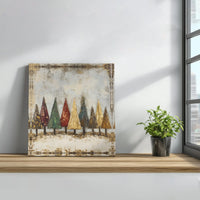 Gold Leaf Textured Forest Canvas Print, Rustic Christmas Trees Square Canvas, Holiday Pine Tree Canvas Wall Art, Winter Festive Home Decor