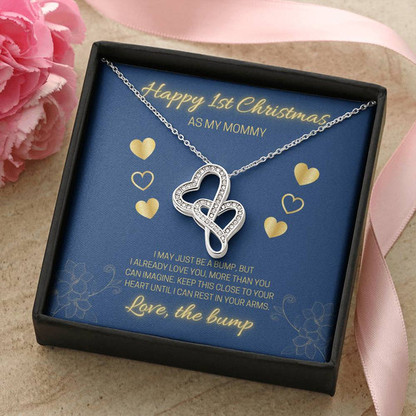 Interlocking Heart Pendant, First Christmas Mommy Heart Necklace, Expecting Mom Heart Necklace, 14K White Gold Over Stainless