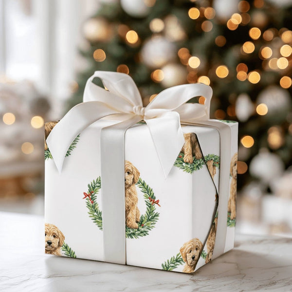 Dog Wreath Holiday Gift Wrap, Goldendoodle Christmas Wrapping Paper, Adorable Puppy Christmas Wrapping Paper, Dog Lover Gift 