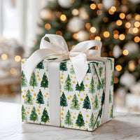 Green Pine Trees Gift Wrap, Watercolor Christmas Tree Wrapping Paper, Gold Dots Holiday Wrapping Paper, Winter Seasonal Present Paper