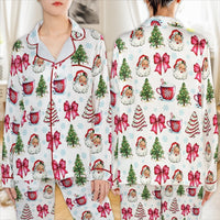 Christmas Tree Pajama Set, Vintage Santa Satin Pajamas, Holiday Bow Satin Pajamas, Festive Christmas Sleepwear Set, Womens Xmas Loungewear
