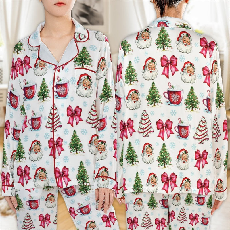 Christmas Tree Pajama Set, Vintage Santa Satin Pajamas, Holiday Bow Satin Pajamas, Festive Christmas Sleepwear Set, Womens Xmas Loungewear
