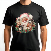 Retro Adorable Festive Cat Lover Graphic Tee, Santa and Kittens Christmas T-Shirt, Whimsical Holiday Cat Mom Shirt, Vintage Xmas Kitten Tee