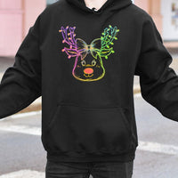 Neon Coquette Bow Sweatshirt, Adorable Reindeer Christmas Hoodie, Preppy Winter Reindeer Pullover, Festive Holiday Graphic Hooded Sweater Present