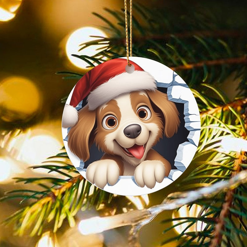 Santa Hat Dog Ornament, Cartoon Puppy Christmas Ornament, Wall Burst Puppy Ceramic Ornament, Holiday Tree Decor, Dog Lover Xmas Present