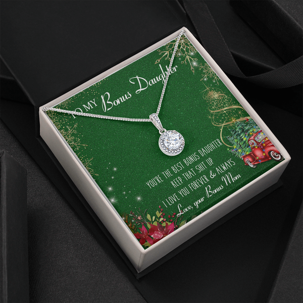 Christmas Greeting Card Pendant Necklace, Bonus Daughter Necklace Present, White Gold Stainless Steel Necklace, Stepdaughter 