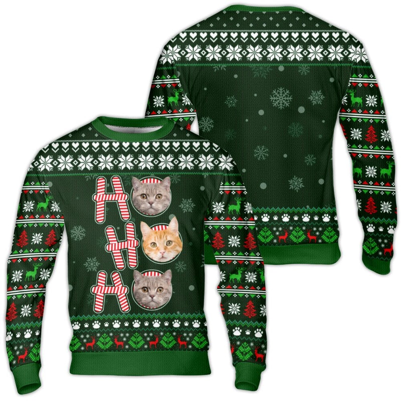 Ho Ho Ho Cat Holiday Sweatshirt, Custom Cat Photo Ugly Christmas Sweater, Adorable Cat Lover Christmas Crewneck, Pet Portrait Xmas Sweater Present