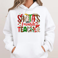 Leopard Plaid Teacher Christmas Hoodie, Santa's Favorite Teacher Hoodie, Festive Educator Holiday Hoodie, Winter School Staff Sweatshirt