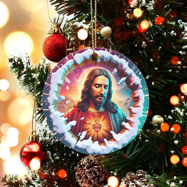 Snowy Border Catholic Christmas Ornament, Sacred Heart of Jesus Ceramic Ornament, Religious Holiday Tree Ornament, Faith Keep