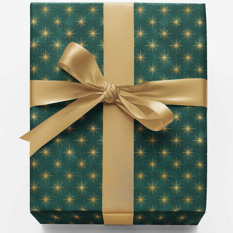 Elegant Green and Gold Star Pattern Gift Wrap, Christmas Wrapping Paper, Luxury Holiday Present Paper Roll, Winter Xmas Present Supplies