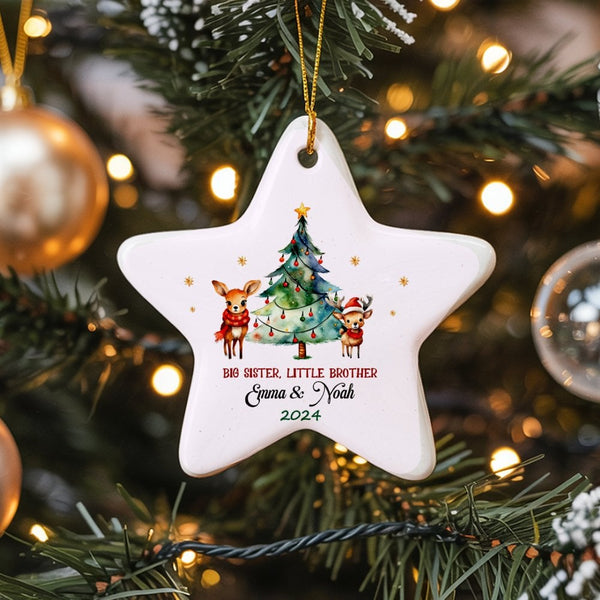 Sibling Ceramic Star Ornament, Big Sister Little Brother Deer Star Ornament, Adorable Deer Christmas Ornament, Sister and Bro
