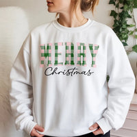 Green Buffalo Plaid Holiday Sweater, Merry Christmas Sweatshirt, Vintage Xmas Lettering Crewneck, Family Winter Pullover